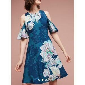 Anthropologie Dress Women Medium 10 Blue Floral Elia Cold Cut Shoulder Flutter
